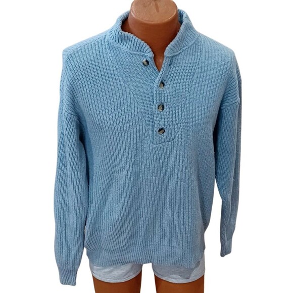 Vintage Binghamton Knitting Co Henley Sweater Light Blue Medium Made in USA - Picture 1 of 7